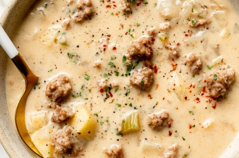 Bowl of creamy sausage soup garnished with herbs