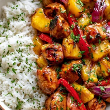 Hawaiian Chicken Sheet Pan with colorful vegetables and pineapple slices