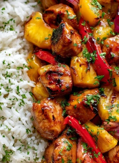 Hawaiian Chicken Sheet Pan with colorful vegetables and pineapple slices