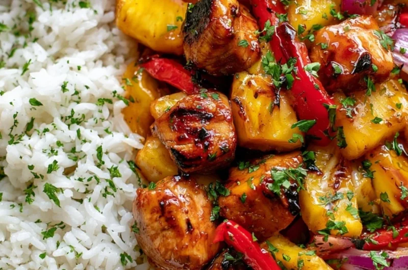 Hawaiian Chicken Sheet Pan with colorful vegetables and pineapple slices