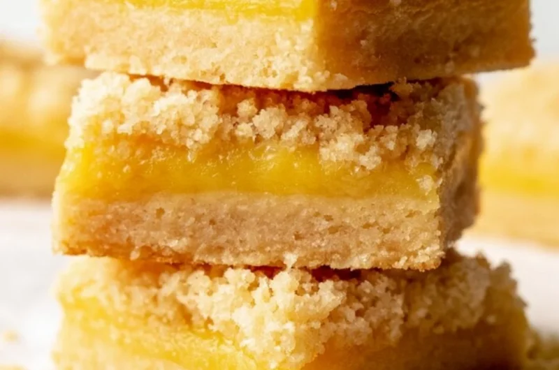 Delicious lemon curd bars on a white plate, garnished with lemon slices.
