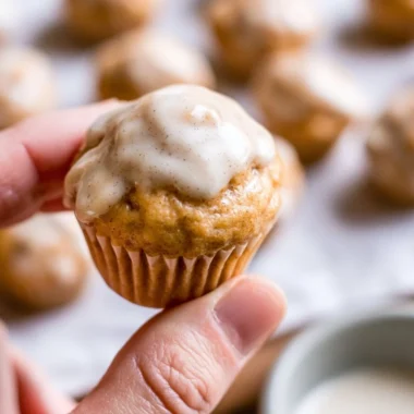 Mini chai muffins topped with a vanilla bean glaze, freshly baked and delicious