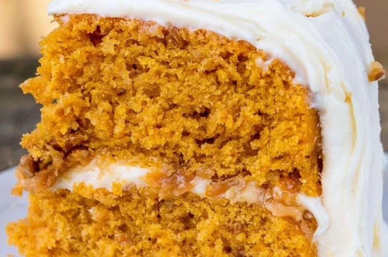 Delicious Pumpkin Toffee Crunch Cake with Cinnamon Cream Cheese Buttercream topping