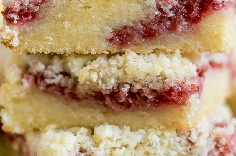 Raspberry Almond Crumb Bars with a crumbly topping and fresh raspberries.