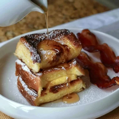 Brioche French toast casserole baked and served in a dish.