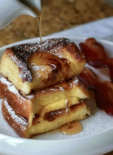 Brioche French toast casserole baked and served in a dish.