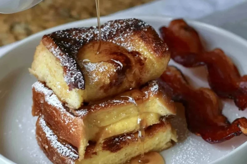Brioche French toast casserole baked and served in a dish.