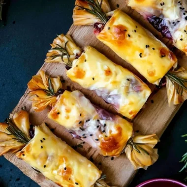 Cranberry Brie Crackers made with filo pastry and topped with cranberries and brie cheese.