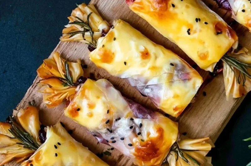 Cranberry Brie Crackers made with filo pastry and topped with cranberries and brie cheese.