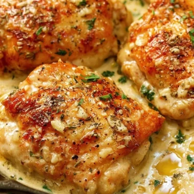 Creamy garlic chicken thighs served in a pan for a quick dinner recipe.