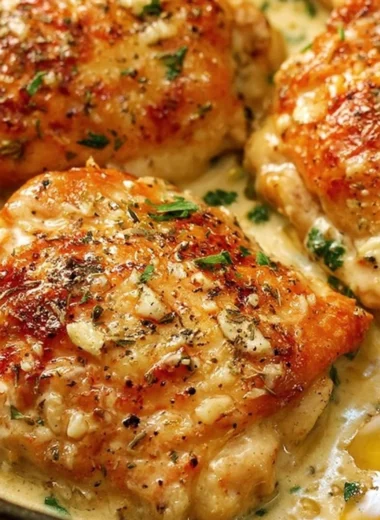 Creamy garlic chicken thighs served in a pan for a quick dinner recipe.
