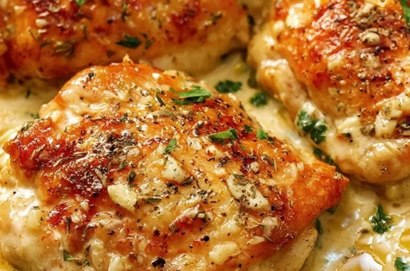 Creamy garlic chicken thighs served in a pan for a quick dinner recipe.