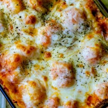 Delicious cheesy gnocchi casserole served in a baking dish