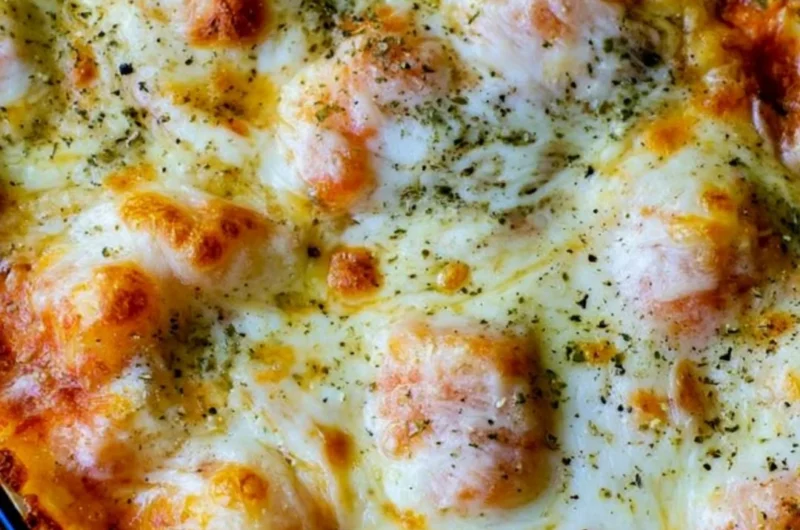 Delicious cheesy gnocchi casserole served in a baking dish