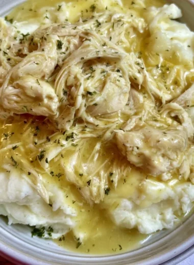 Delicious slow cooker chicken and gravy served with mashed potatoes