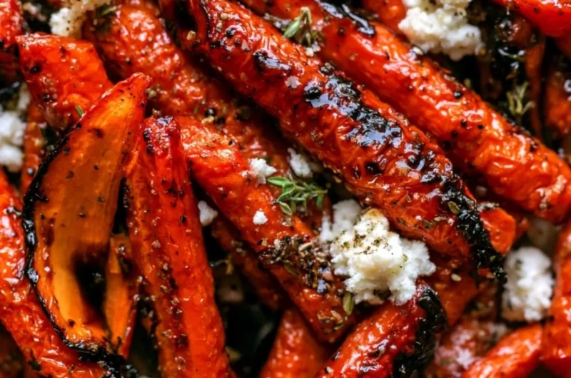 Honey balsamic roasted carrots garnished and ready to serve as a delicious side dish.