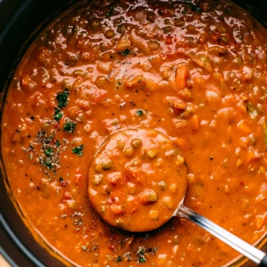 Bowl of healthy Mediterranean Lentil Soup with vegetables and herbs