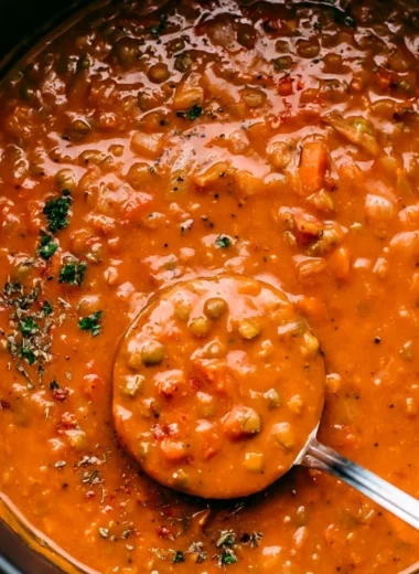 Bowl of healthy Mediterranean Lentil Soup with vegetables and herbs