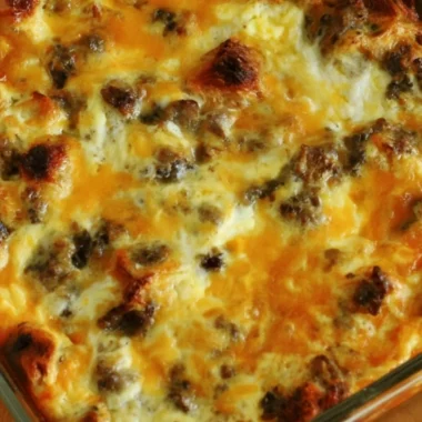 Delicious sausage, egg, and cheese breakfast casserole ready to serve.