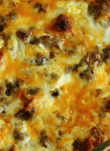 Delicious sausage, egg, and cheese breakfast casserole ready to serve.